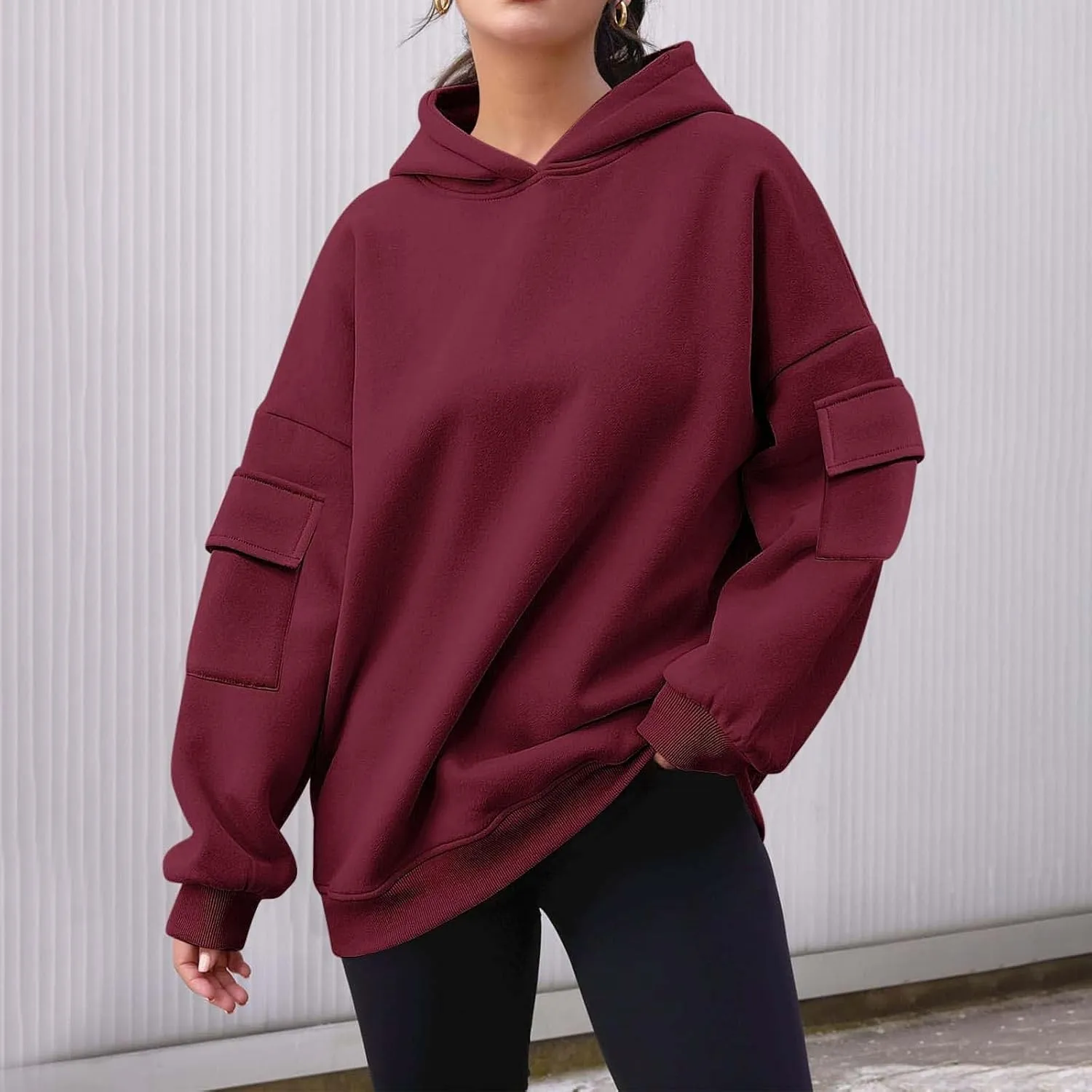 Womens Oversized Hoodies Cargo Pocketed Long Sleeve Crewneck Pullover Fall Winter Solid Drop Shoulder Sweatshirts
