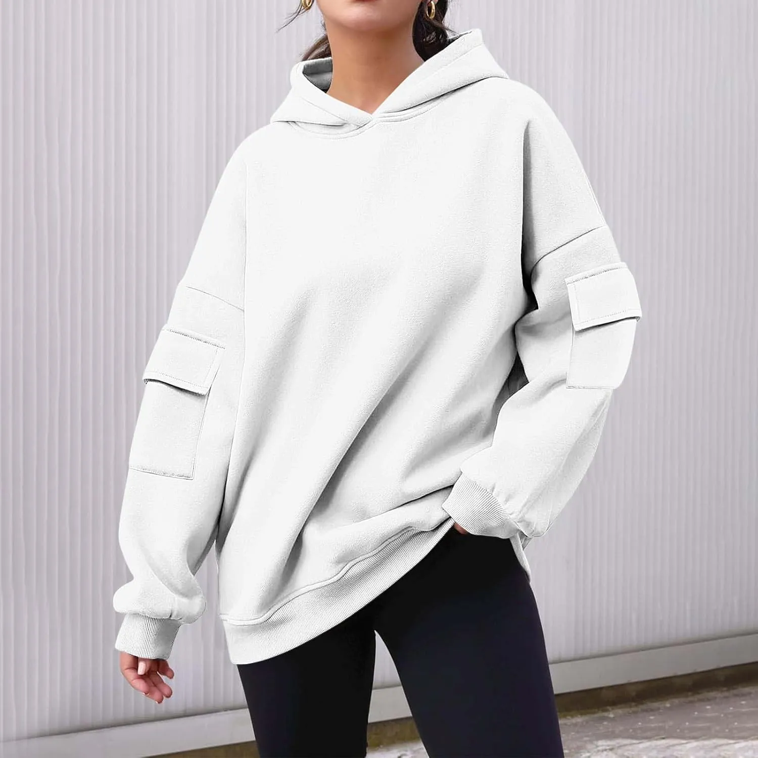 Womens Oversized Hoodies Cargo Pocketed Long Sleeve Crewneck Pullover Fall Winter Solid Drop Shoulder Sweatshirts