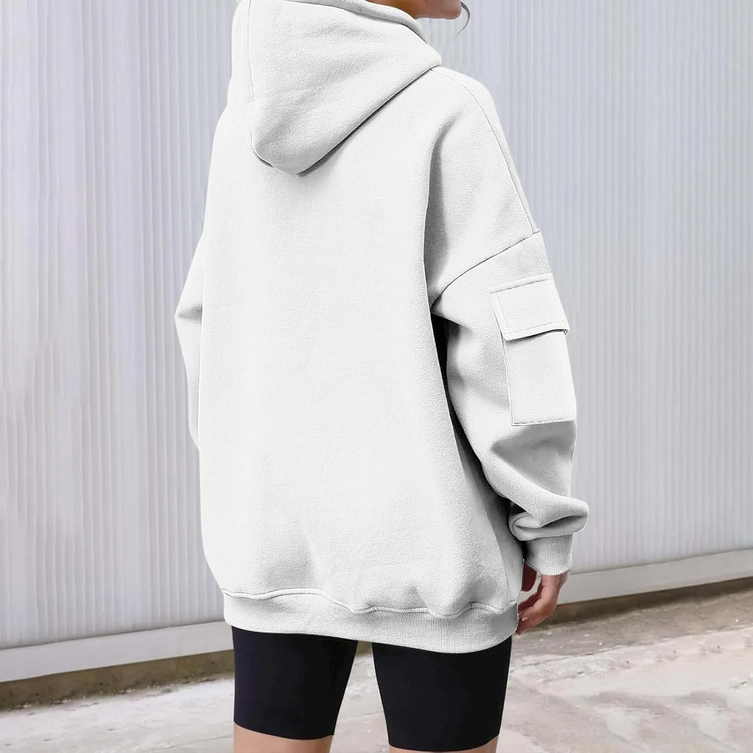Womens Oversized Hoodies Cargo Pocketed Long Sleeve Crewneck Pullover Fall Winter Solid Drop Shoulder Sweatshirts