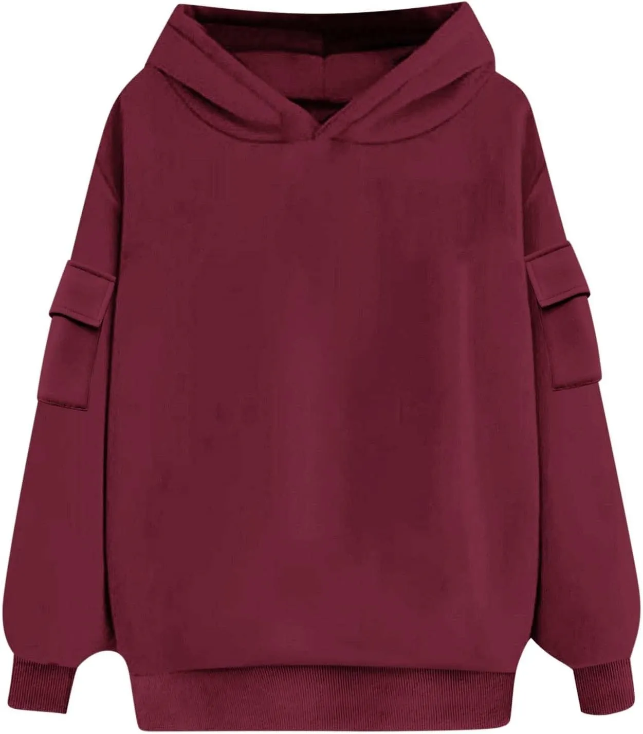 Womens Oversized Hoodies Cargo Pocketed Long Sleeve Crewneck Pullover Fall Winter Solid Drop Shoulder Sweatshirts