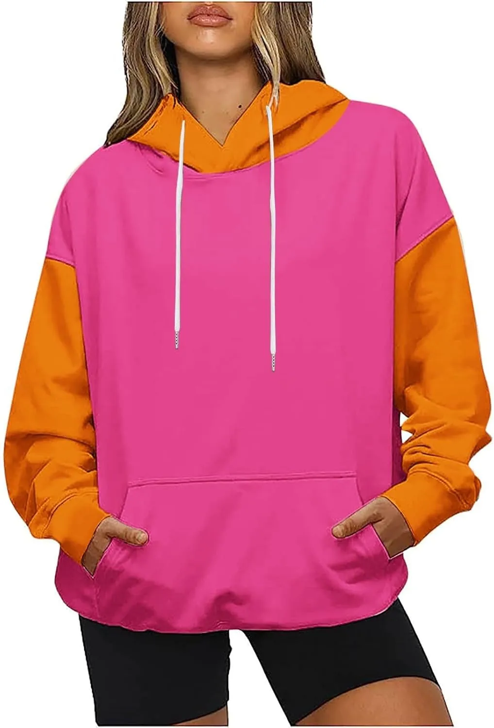 Women's Oversized Hoodies Fall Fashion Long Sleeve Hooded Sweatshirt Trendy Color Block Patchwork Y2k Pullover Tops