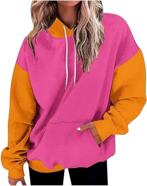 Women's Oversized Hoodies Fall Fashion Long Sleeve Hooded Sweatshirt Trendy Color Block Patchwork Y2k Pullover Tops