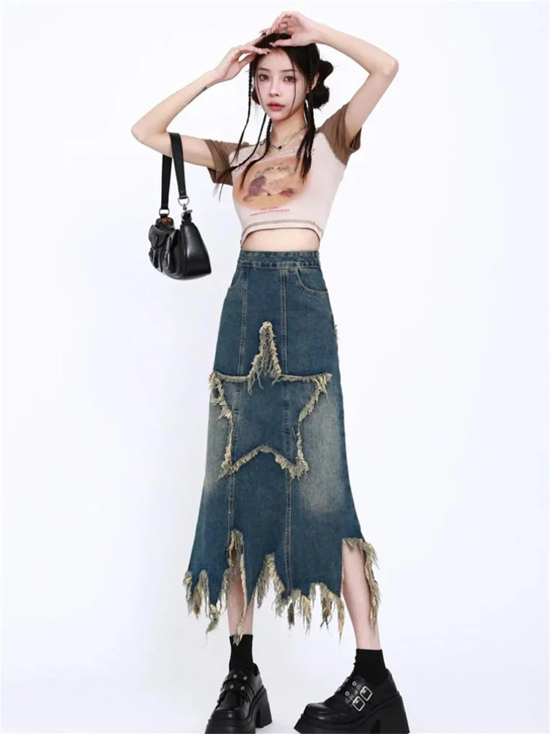 Women's Patchwork Tassel Denim Skirt Korean Washed Midi Skirt