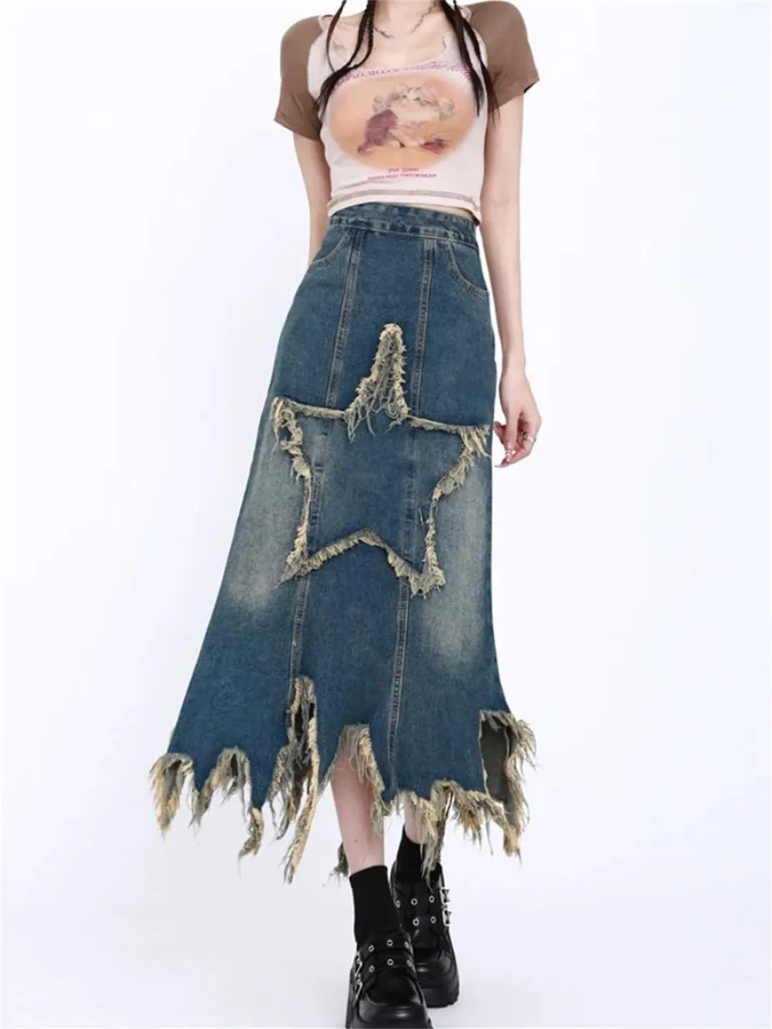 Women's Patchwork Tassel Denim Skirt Korean Washed Midi Skirt