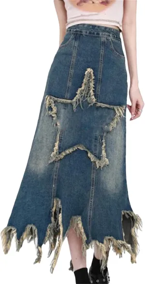 Women's Patchwork Tassel Denim Skirt Korean Washed Midi Skirt