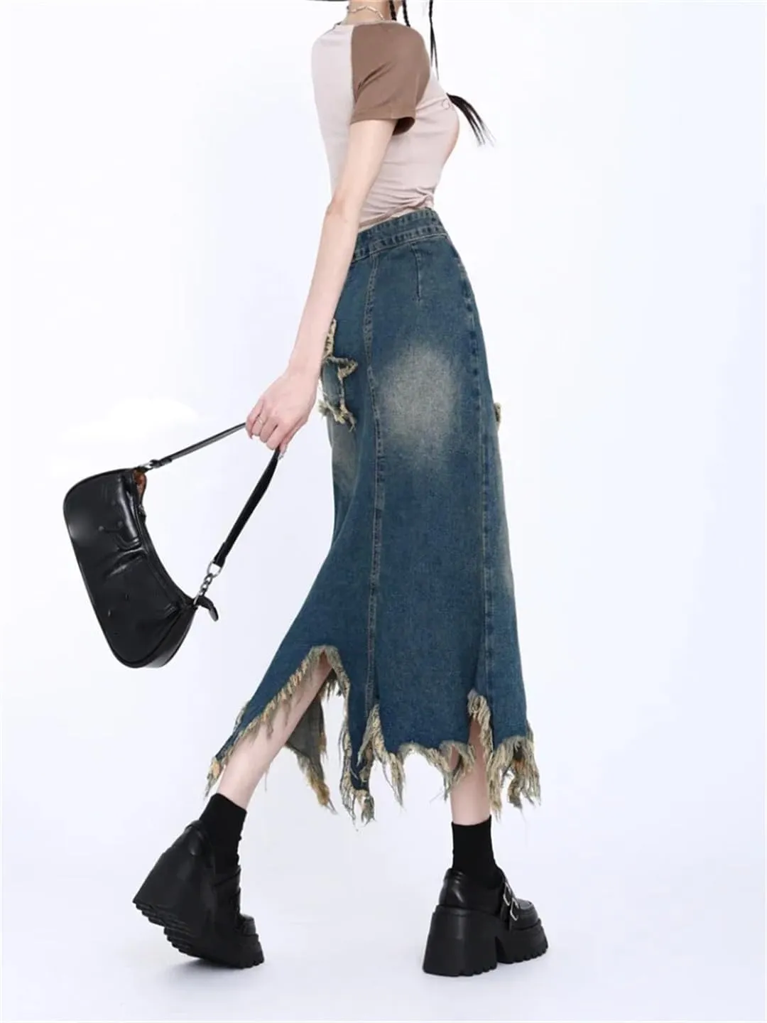 Women's Patchwork Tassel Denim Skirt Korean Washed Midi Skirt