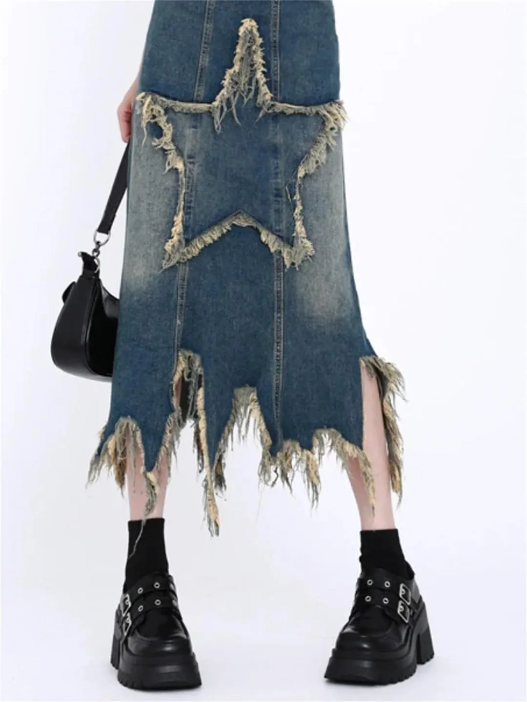 Women's Patchwork Tassel Denim Skirt Korean Washed Midi Skirt