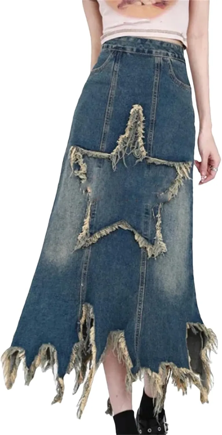 Women's Patchwork Tassel Denim Skirt Korean Washed Midi Skirt