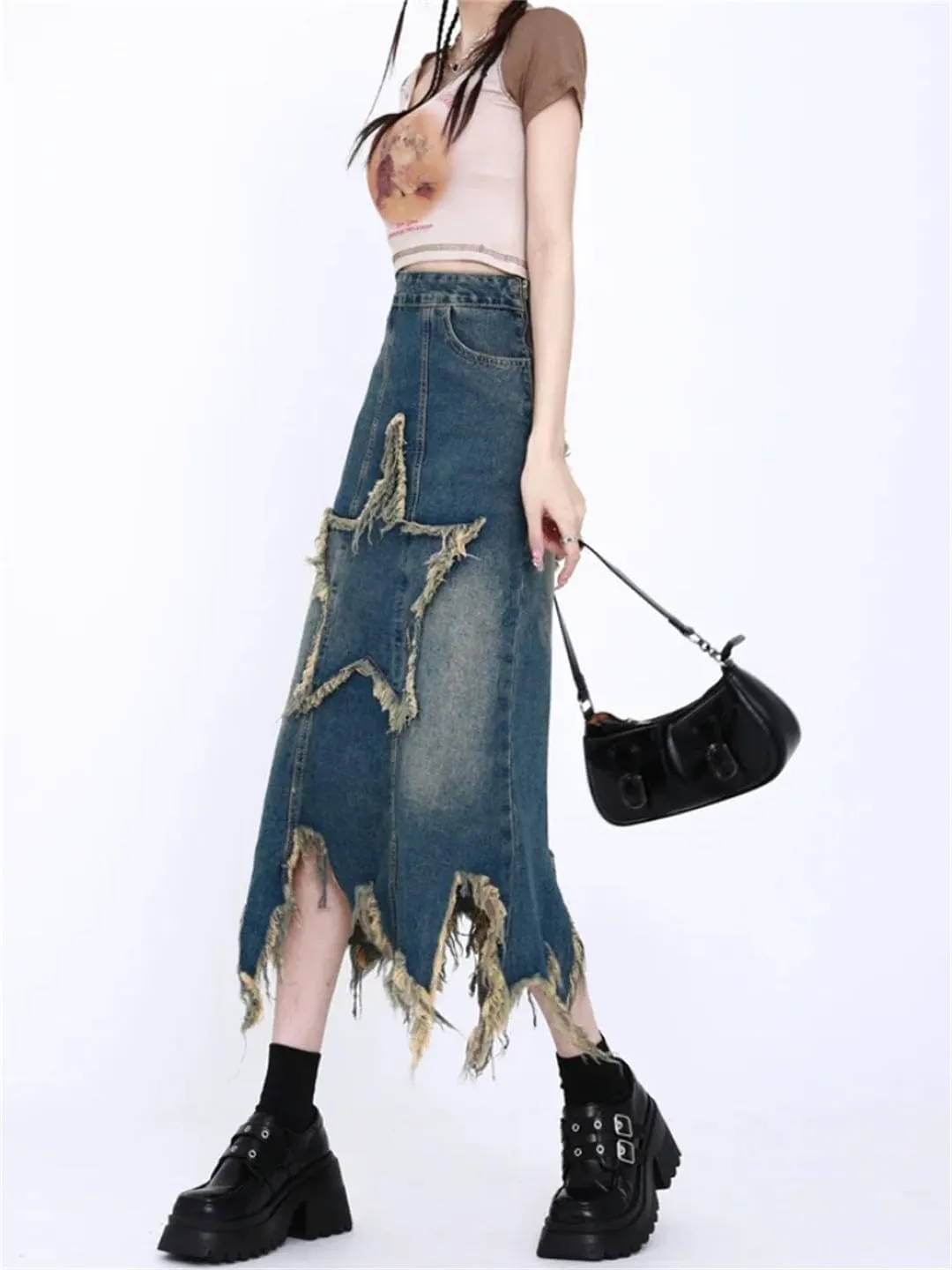Women's Patchwork Tassel Denim Skirt Korean Washed Midi Skirt