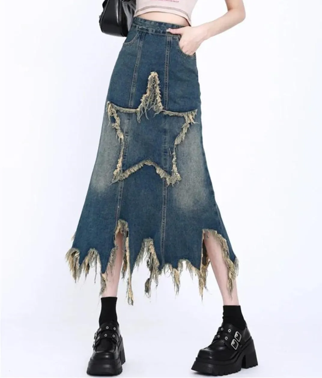 Women's Patchwork Tassel Denim Skirt Korean Washed Midi Skirt