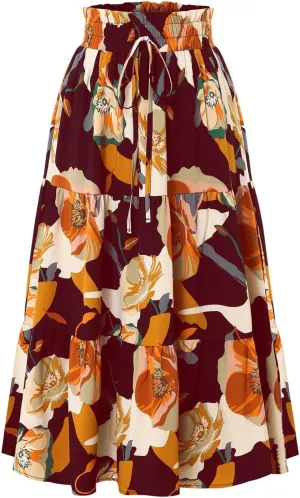 Womens Pleated A-Line Elastic High Waist Maxi Skirt 2025 Summer Casual Trendy Flowy Swing Boho Long Beach Dress