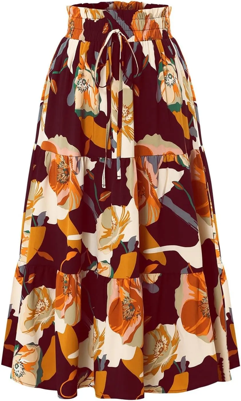 Womens Pleated A-Line Elastic High Waist Maxi Skirt 2025 Summer Casual Trendy Flowy Swing Boho Long Beach Dress