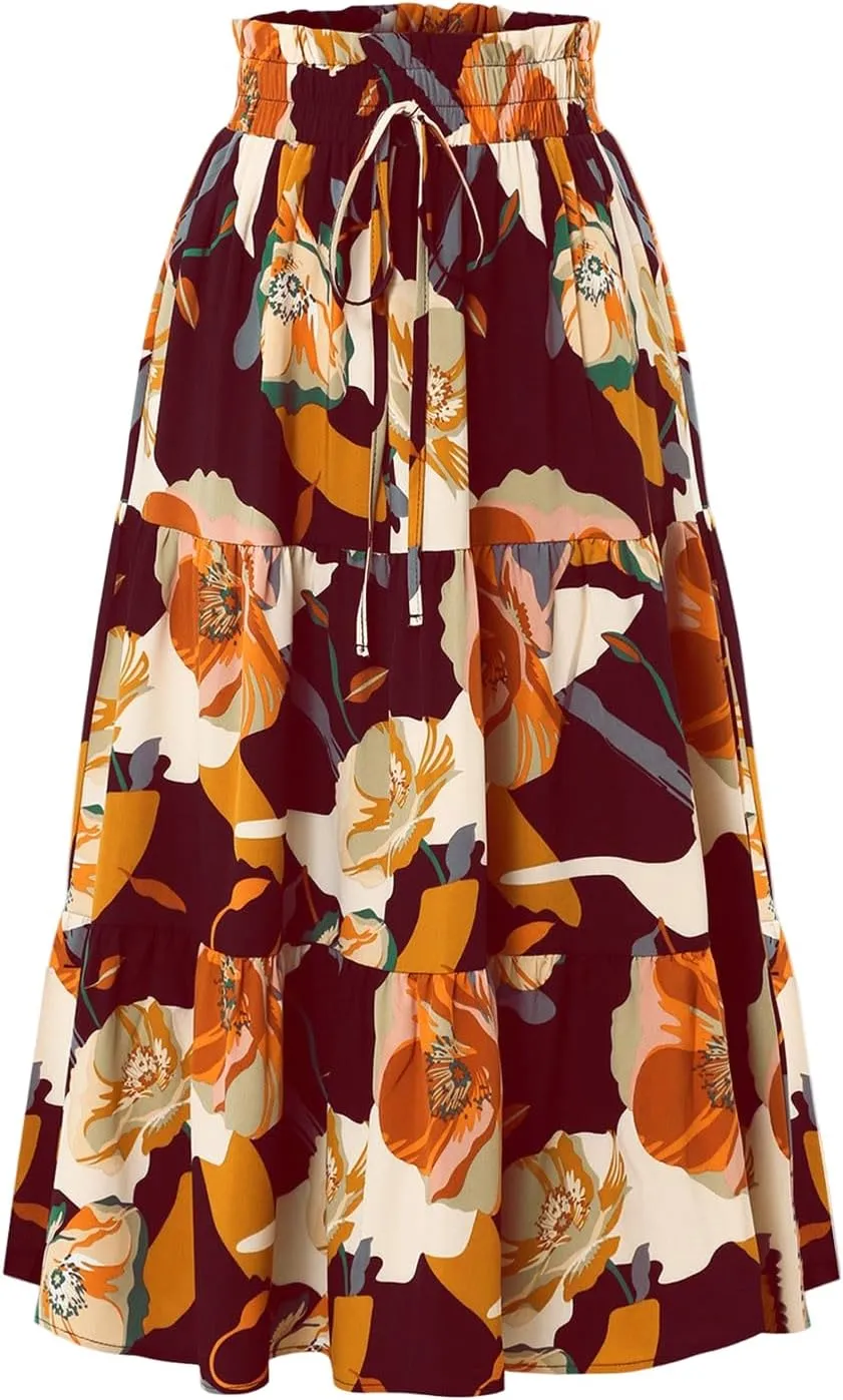 Womens Pleated A-Line Elastic High Waist Maxi Skirt 2025 Summer Casual Trendy Flowy Swing Boho Long Beach Dress