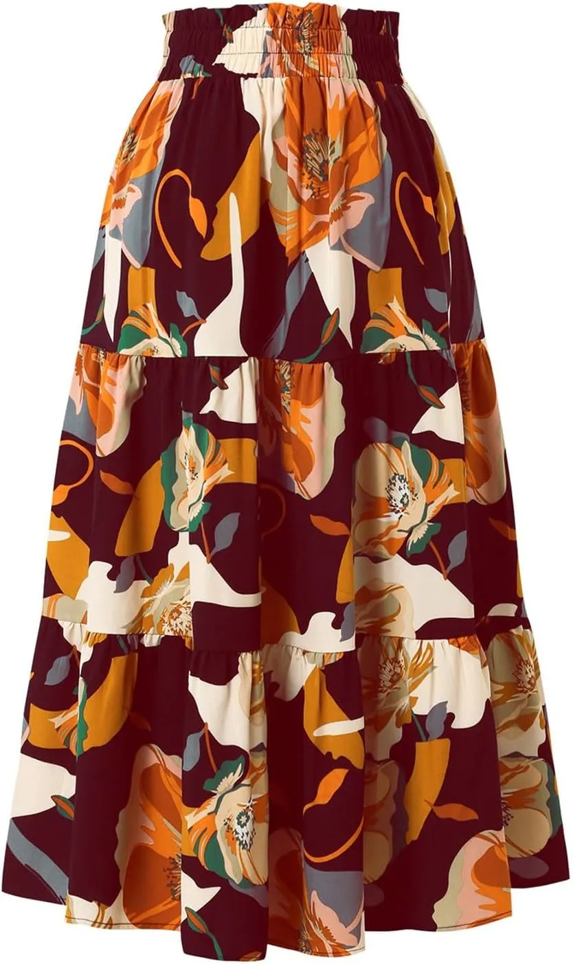 Womens Pleated A-Line Elastic High Waist Maxi Skirt 2025 Summer Casual Trendy Flowy Swing Boho Long Beach Dress