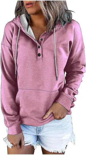 Womens Plus Size Hooded Tops Button-Up Collar Drawstring Hoodies Pullover Casual Solid Long Sleeve Sweatshirts