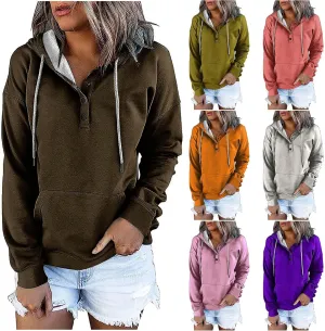 Womens Plus Size Hooded Tops Button-Up Collar Drawstring Hoodies Pullover Casual Solid Long Sleeve Sweatshirts