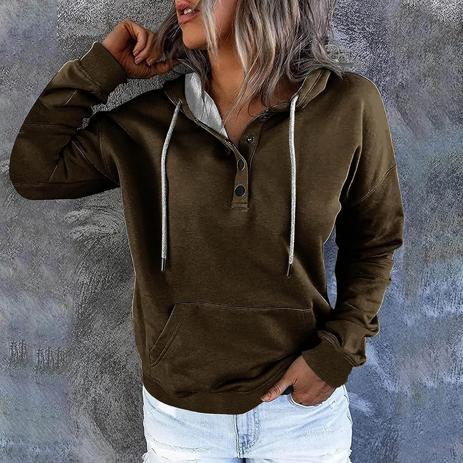 Womens Plus Size Hooded Tops Button-Up Collar Drawstring Hoodies Pullover Casual Solid Long Sleeve Sweatshirts
