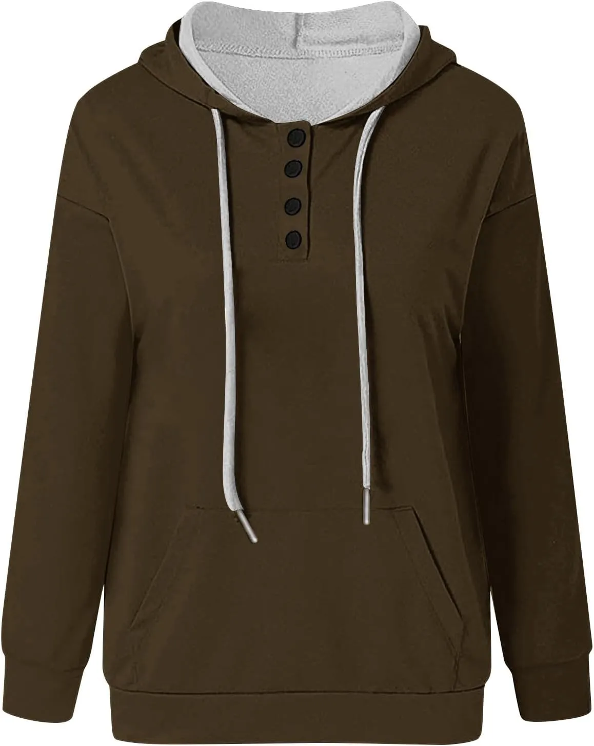 Womens Plus Size Hooded Tops Button-Up Collar Drawstring Hoodies Pullover Casual Solid Long Sleeve Sweatshirts