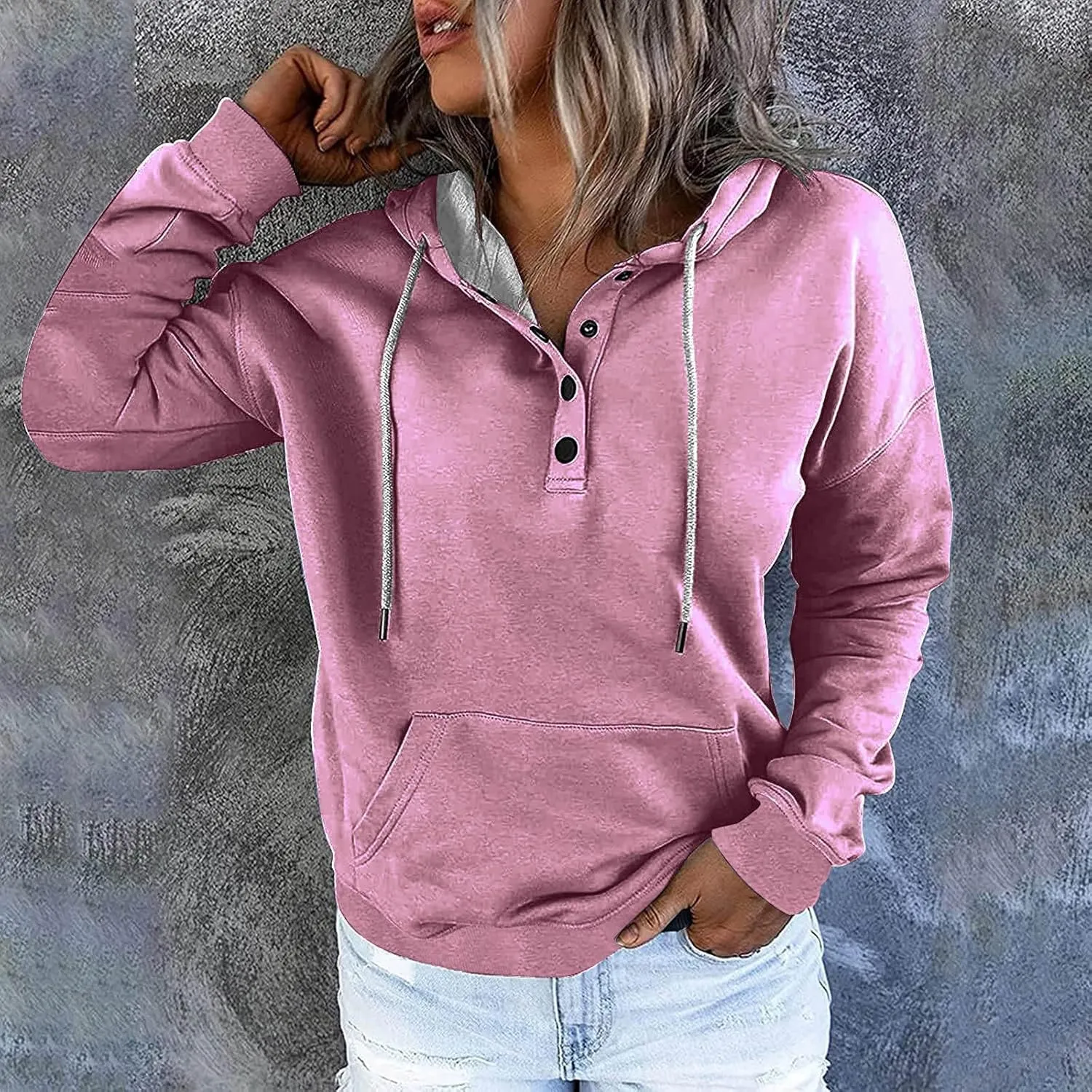 Womens Plus Size Hooded Tops Button-Up Collar Drawstring Hoodies Pullover Casual Solid Long Sleeve Sweatshirts