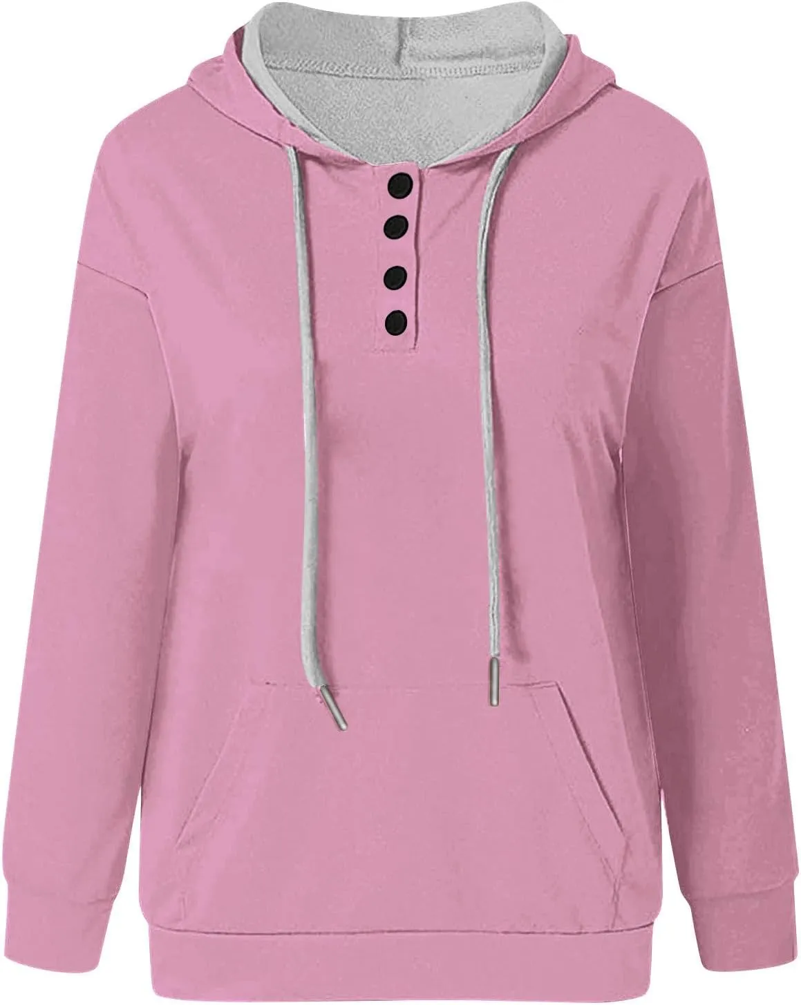 Womens Plus Size Hooded Tops Button-Up Collar Drawstring Hoodies Pullover Casual Solid Long Sleeve Sweatshirts