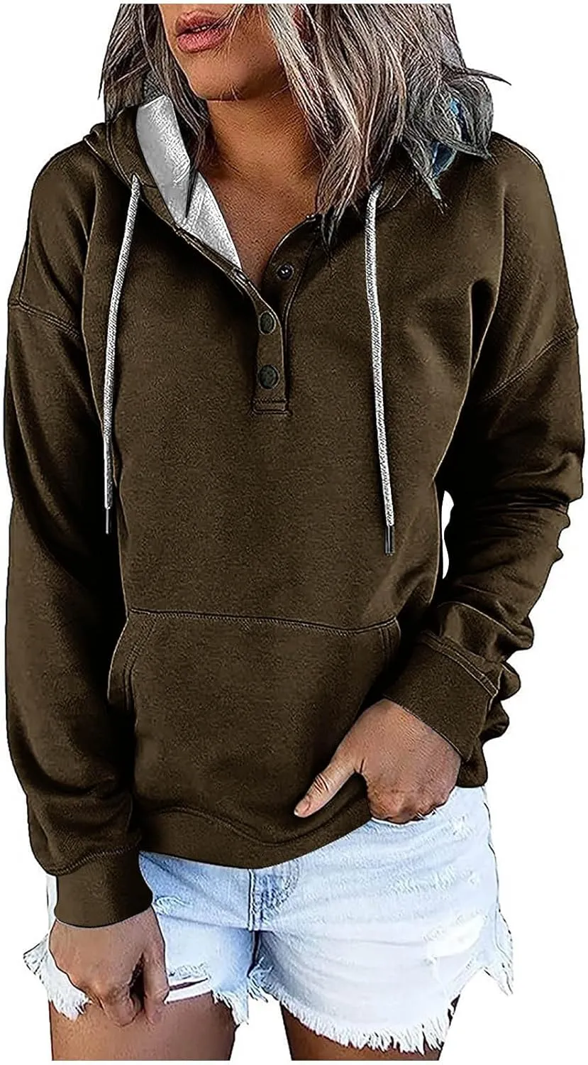 Womens Plus Size Hooded Tops Button-Up Collar Drawstring Hoodies Pullover Casual Solid Long Sleeve Sweatshirts