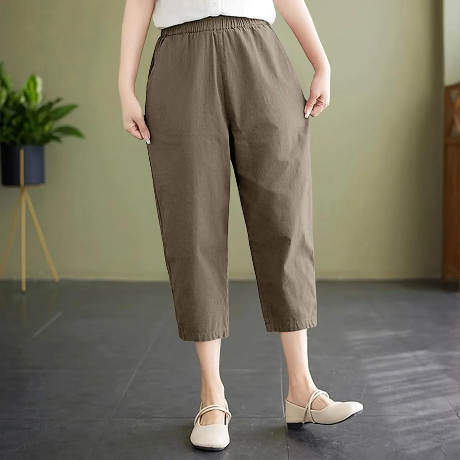 Women's Solid Cotton Linen Straight Capris High Waisted Loose Wide Leg Casual Capris Summer Beach Trousers with Pockets
