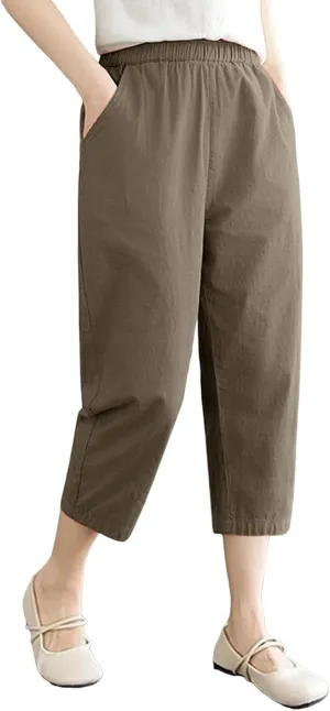 Women's Solid Cotton Linen Straight Capris High Waisted Loose Wide Leg Casual Capris Summer Beach Trousers with Pockets