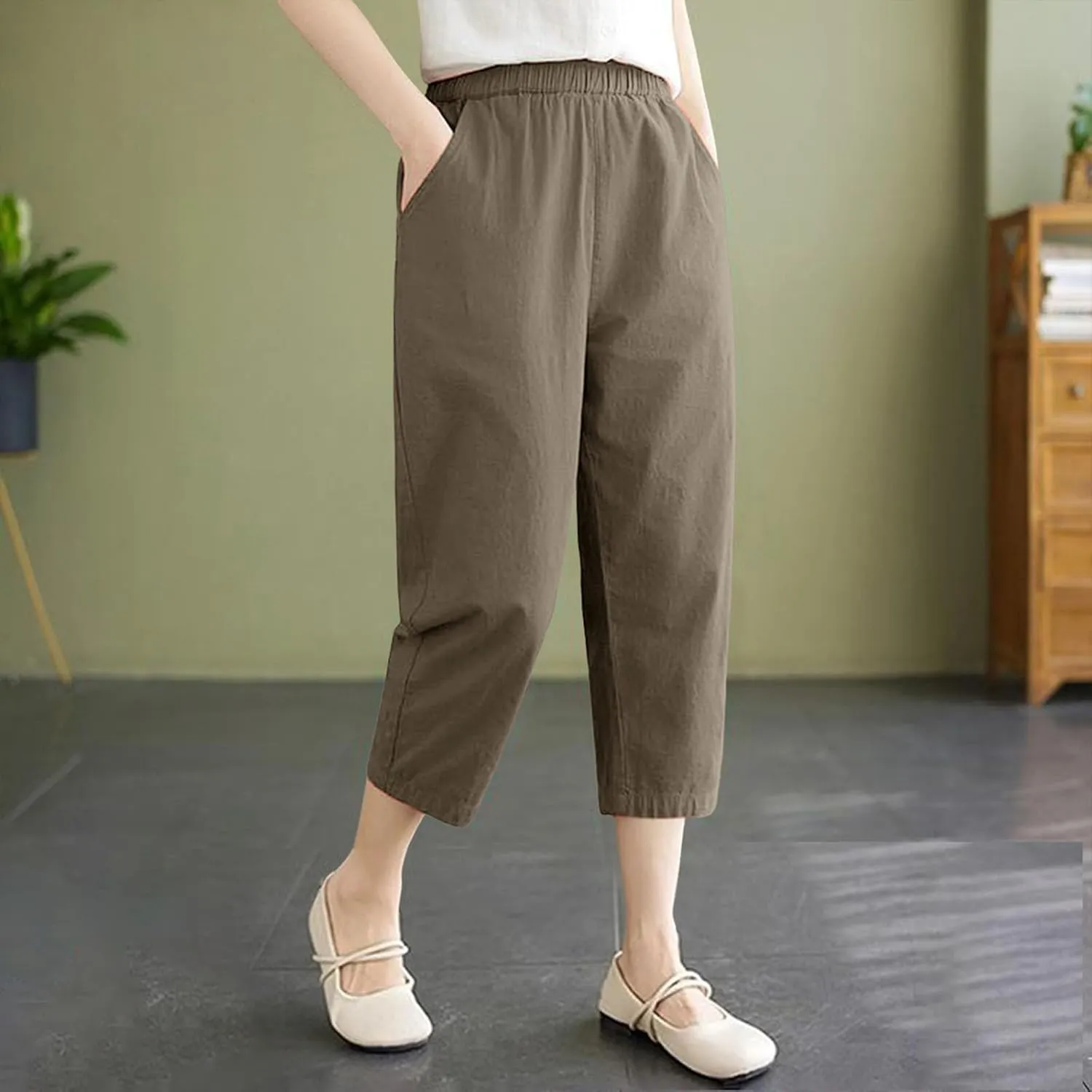 Women's Solid Cotton Linen Straight Capris High Waisted Loose Wide Leg Casual Capris Summer Beach Trousers with Pockets