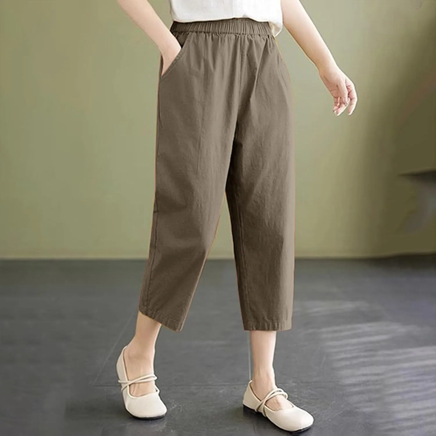 Women's Solid Cotton Linen Straight Capris High Waisted Loose Wide Leg Casual Capris Summer Beach Trousers with Pockets