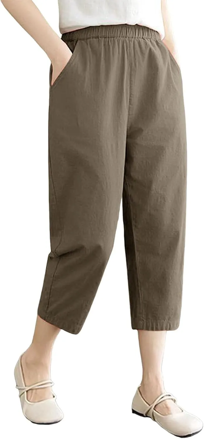Women's Solid Cotton Linen Straight Capris High Waisted Loose Wide Leg Casual Capris Summer Beach Trousers with Pockets