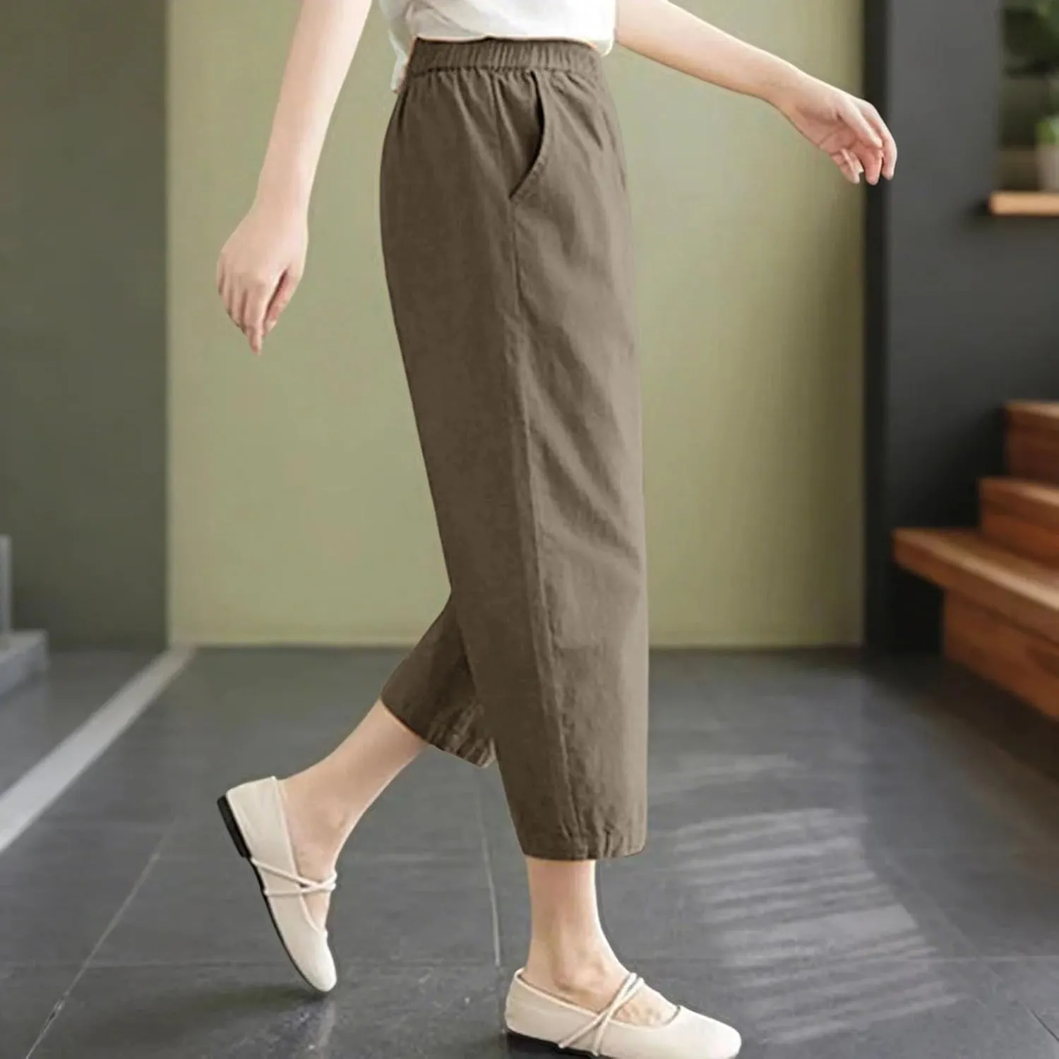 Women's Solid Cotton Linen Straight Capris High Waisted Loose Wide Leg Casual Capris Summer Beach Trousers with Pockets