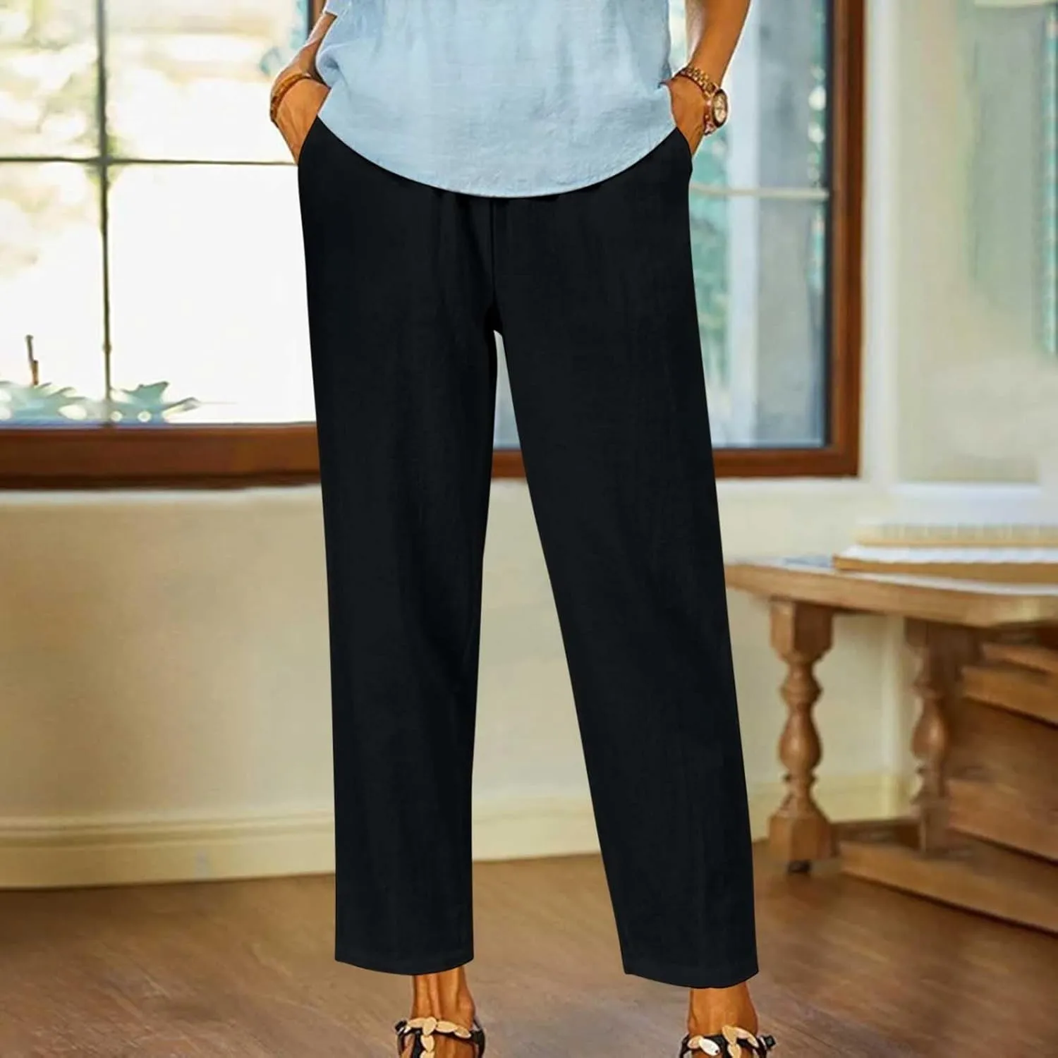 Women's Solid Cotton Linen Straight Pants Casual Loose Elastic Waist Wide Leg Trousers Summer Lounge Palazzo Beach Pants