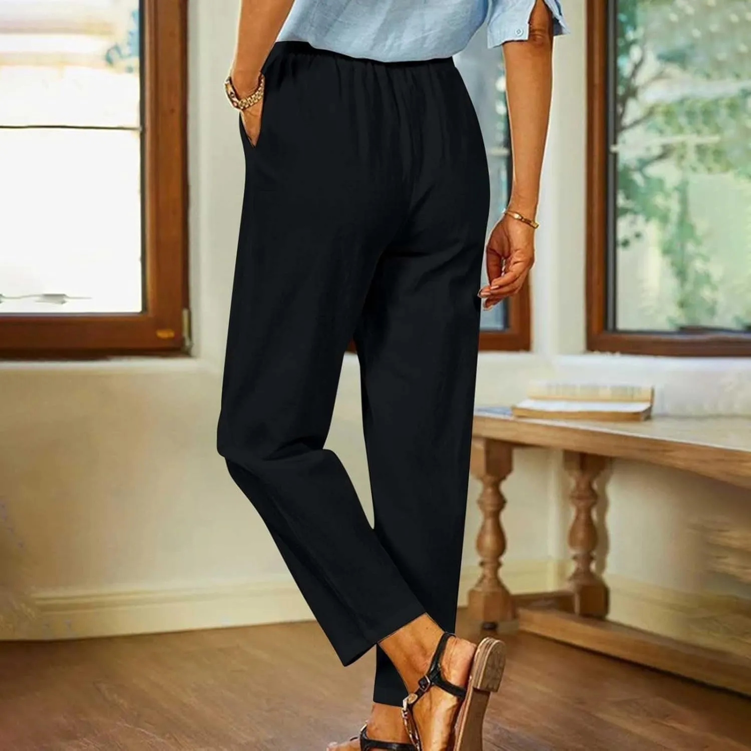 Women's Solid Cotton Linen Straight Pants Casual Loose Elastic Waist Wide Leg Trousers Summer Lounge Palazzo Beach Pants