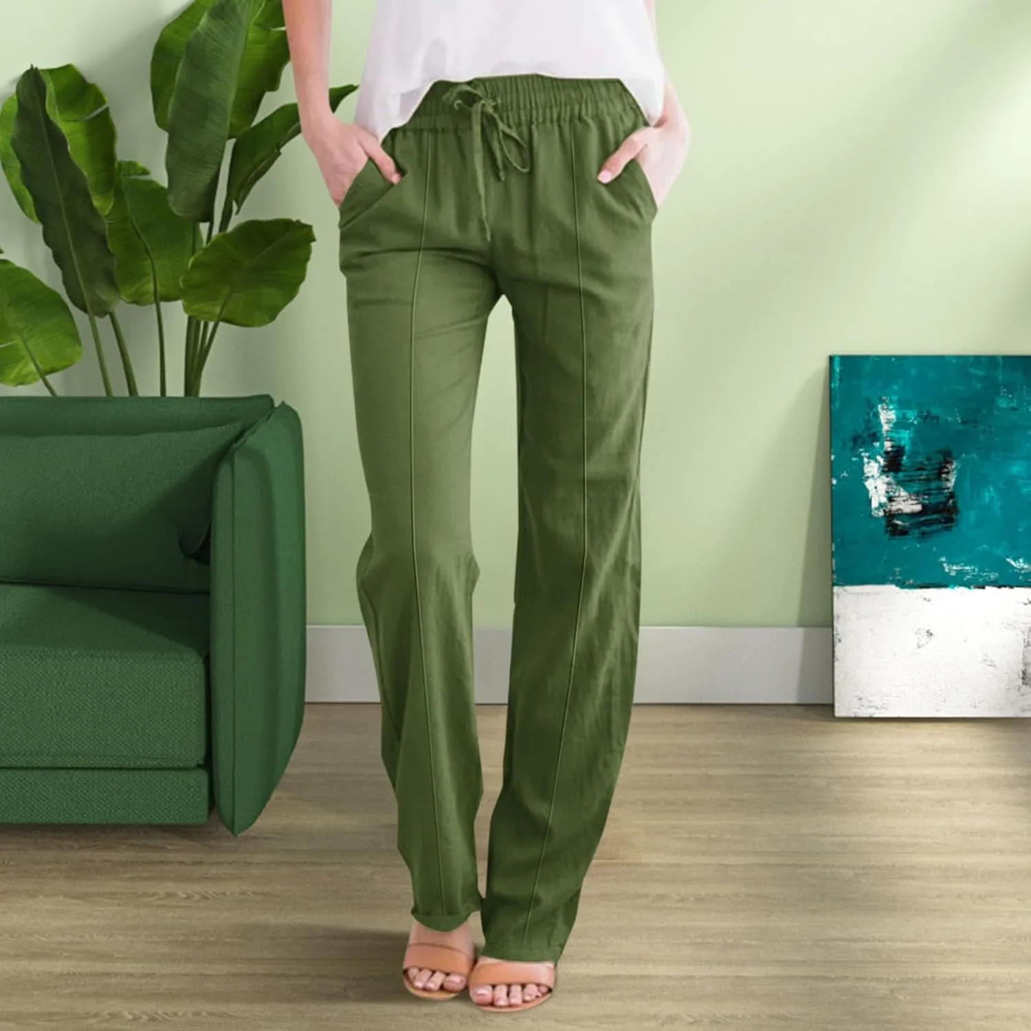 Women's Solid Cotton Linen Straight Pants Drawstring Loose Fit Summer Pants Wide Leg Trousers with Side Pockets for Causal