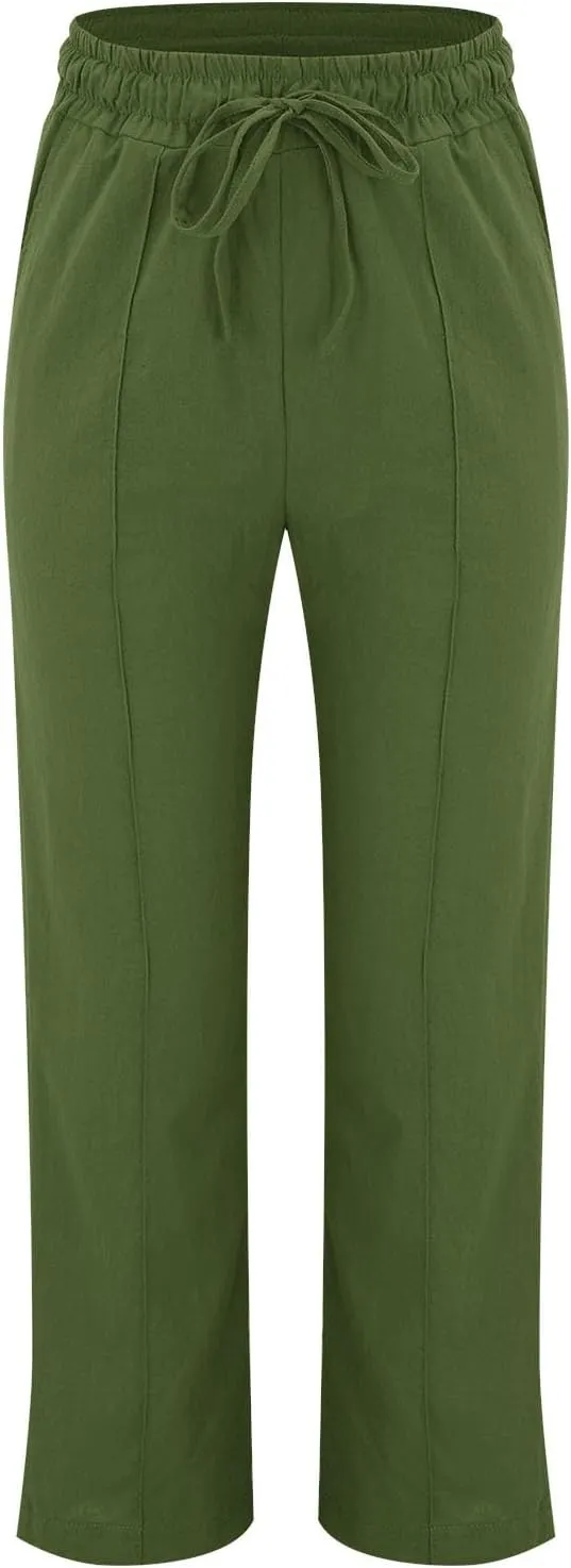 Women's Solid Cotton Linen Straight Pants Drawstring Loose Fit Summer Pants Wide Leg Trousers with Side Pockets for Causal