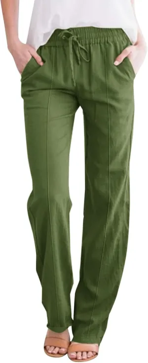 Women's Solid Cotton Linen Straight Pants Drawstring Loose Fit Summer Pants Wide Leg Trousers with Side Pockets for Causal