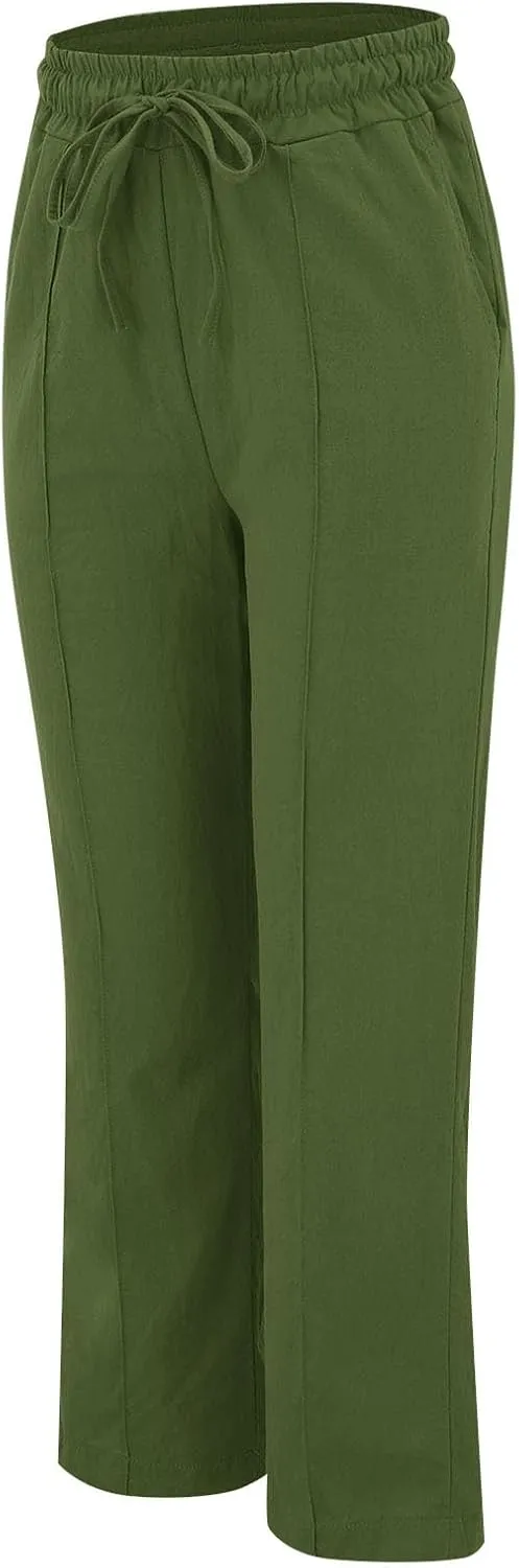 Women's Solid Cotton Linen Straight Pants Drawstring Loose Fit Summer Pants Wide Leg Trousers with Side Pockets for Causal