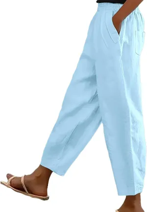 Women's Solid Cotton Linen Straight Pants Work Lounge Trousers with Pockets Comfy Wide Leg Vacation Palazzo Pants