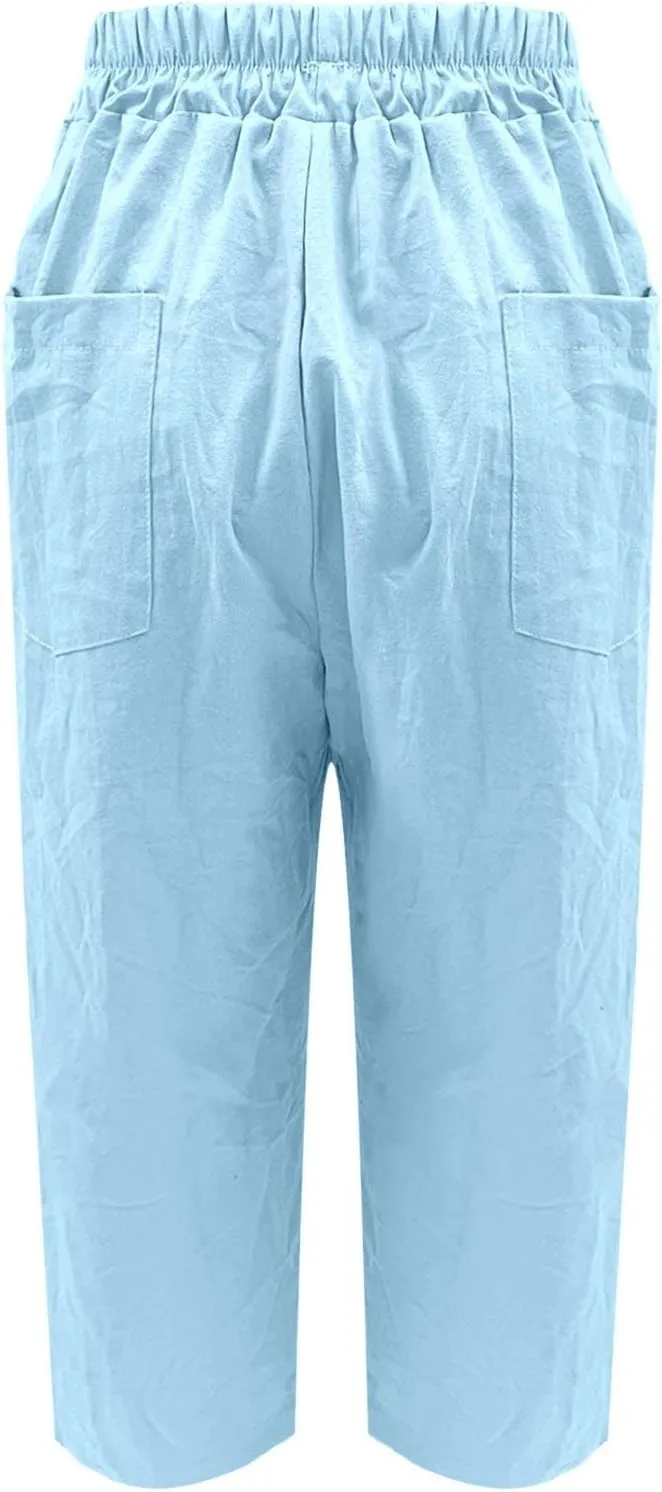 Women's Solid Cotton Linen Straight Pants Work Lounge Trousers with Pockets Comfy Wide Leg Vacation Palazzo Pants