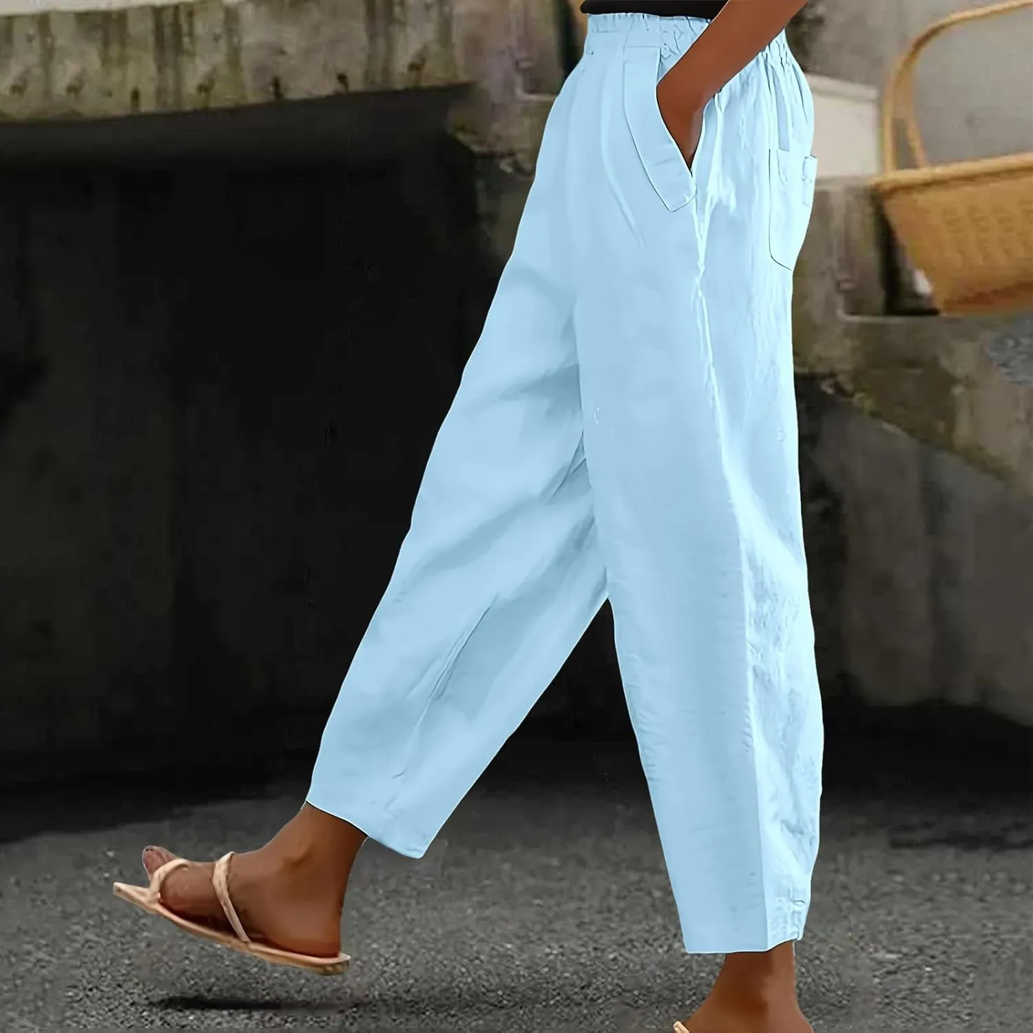 Women's Solid Cotton Linen Straight Pants Work Lounge Trousers with Pockets Comfy Wide Leg Vacation Palazzo Pants