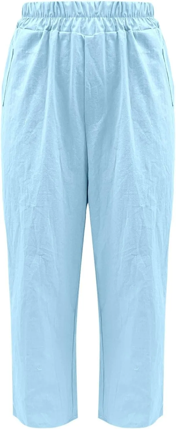 Women's Solid Cotton Linen Straight Pants Work Lounge Trousers with Pockets Comfy Wide Leg Vacation Palazzo Pants