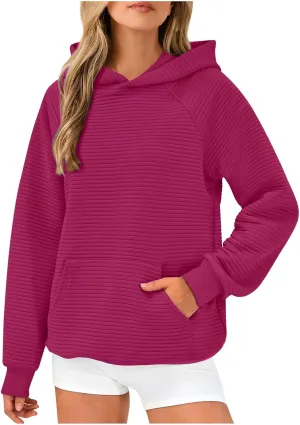 Women's Solid Oversized Hoodies Slub Knit Splicing Sweatshirt Loose Soft Long Sleeve Pullover Tops with Pocket