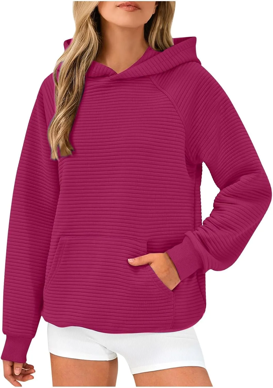 Women's Solid Oversized Hoodies Slub Knit Splicing Sweatshirt Loose Soft Long Sleeve Pullover Tops with Pocket