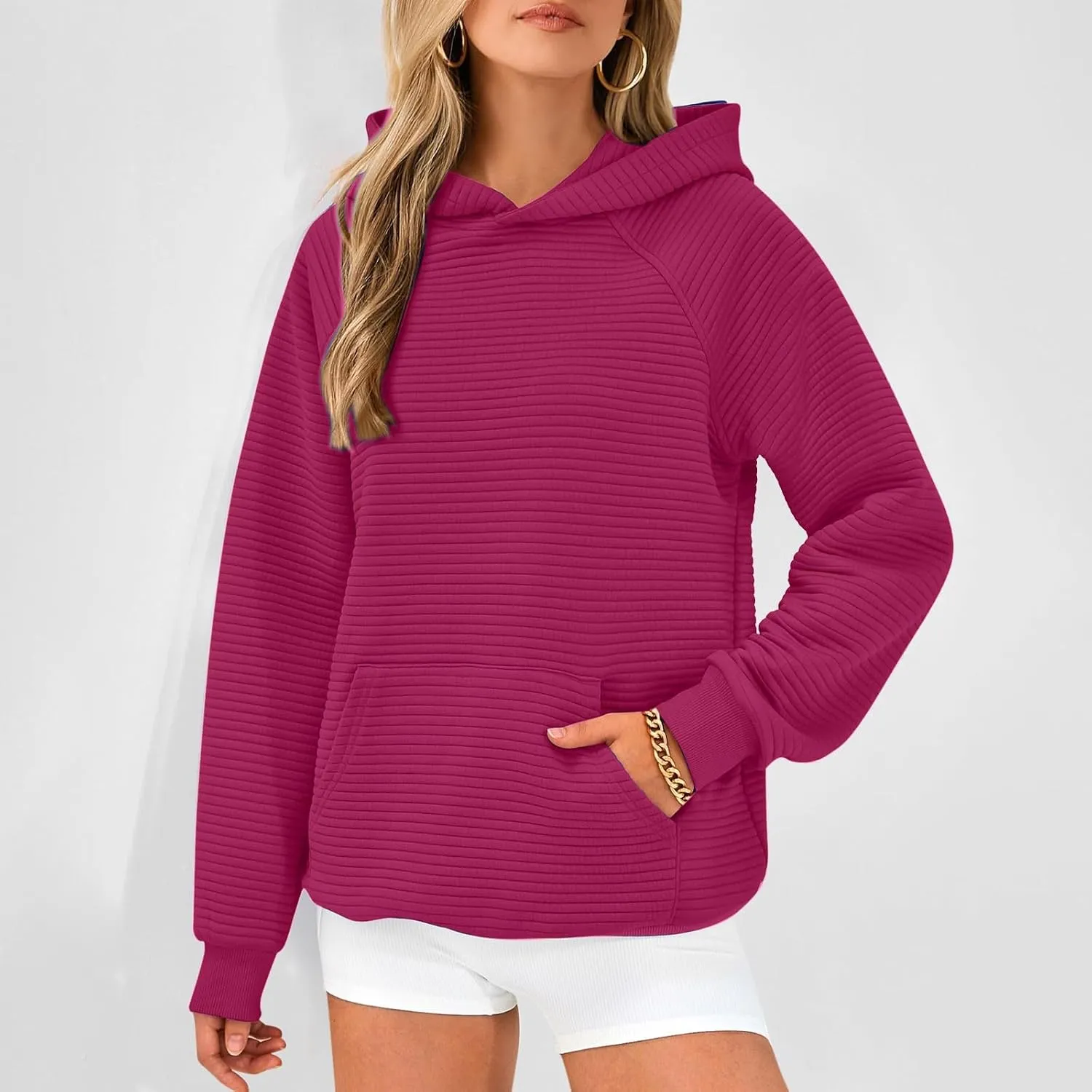 Women's Solid Oversized Hoodies Slub Knit Splicing Sweatshirt Loose Soft Long Sleeve Pullover Tops with Pocket