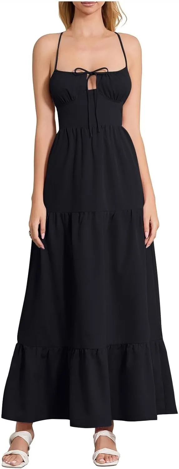 Women's Spaghetti Strap Maxi Dress Summer Sleeveless Dress Casual Boho Backless Flowy Criss Cross Split Cami Dresses