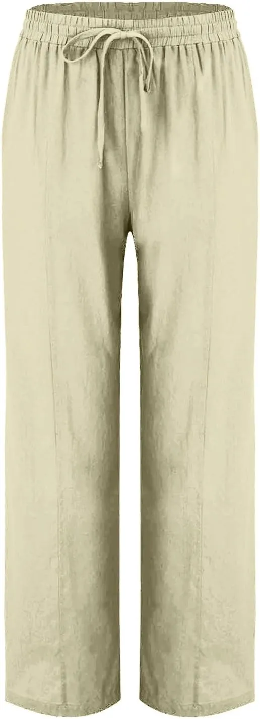 Women's Straight Leg Pants Cotton Linen Blend Casual Trousers with Tie Waist for Spring Solid Color High Waist 2025