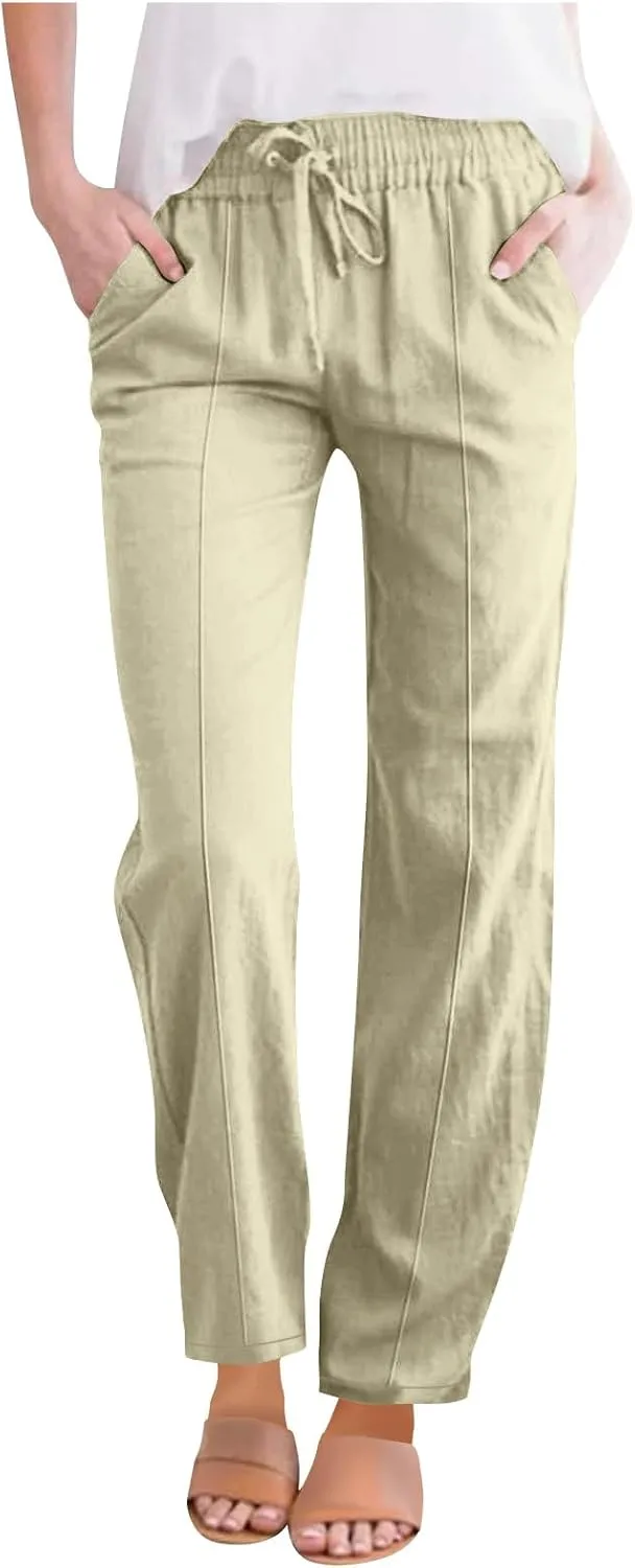 Women's Straight Leg Pants Cotton Linen Blend Casual Trousers with Tie Waist for Spring Solid Color High Waist 2025