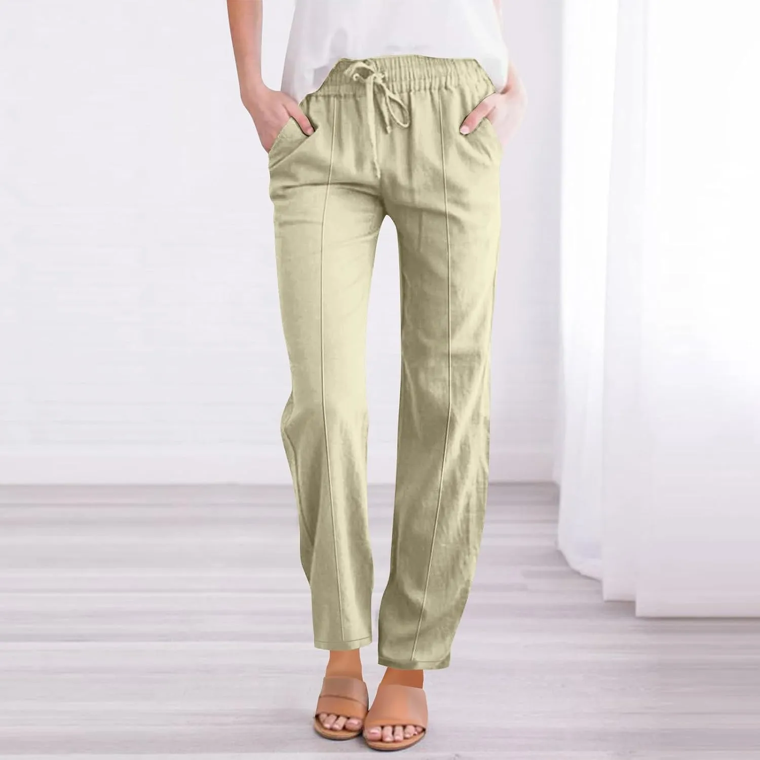 Women's Straight Leg Pants Cotton Linen Blend Casual Trousers with Tie Waist for Spring Solid Color High Waist 2025