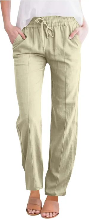 Women's Straight Leg Pants Cotton Linen Blend Casual Trousers with Tie Waist for Spring Solid Color High Waist 2025
