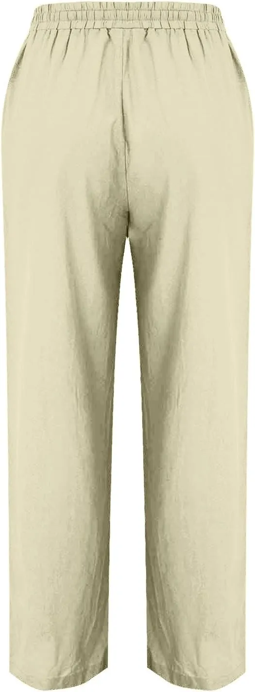 Women's Straight Leg Pants Cotton Linen Blend Casual Trousers with Tie Waist for Spring Solid Color High Waist 2025